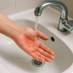 شستشوی سوختگی درجه یک زیر آب سرد برای کاهش درد و التهاب