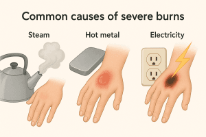«منابع رایج سوختگی درجه سه مانند بخار شدید، جریان برق و سطوح فلزی داغ»