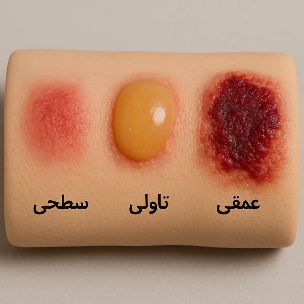 «تصویر آموزشی انواع سوختگی پوست شامل سوختگی سطحی، سوختگی درجه دو و سوختگی درجه سه»