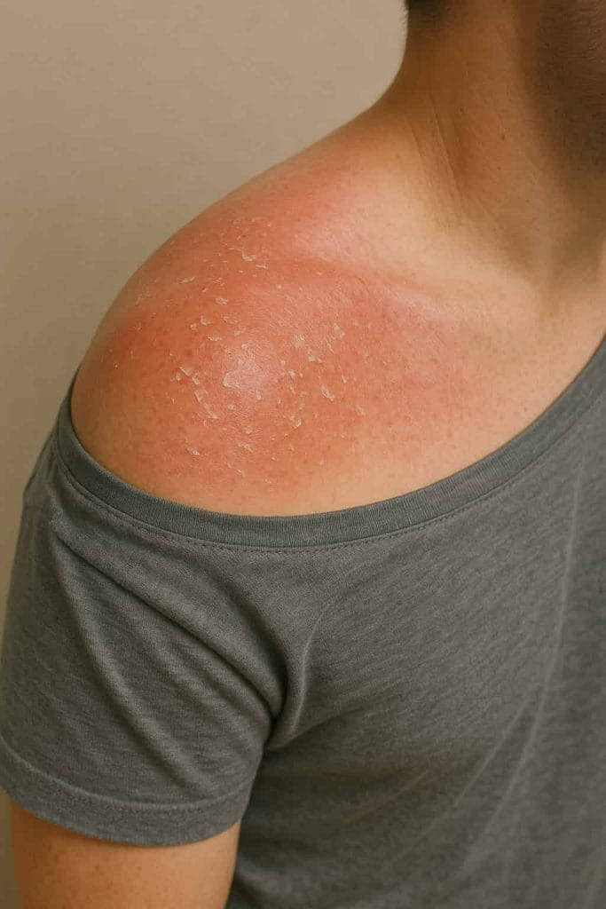 «علائم آفتاب‌سوختگی شامل قرمزی و پوسته‌پوسته شدن پوست شانه»