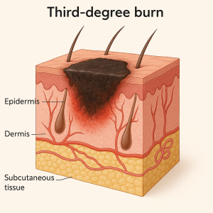 نمای لایه‌های پوست و سوختگی درجه سه با تخریب تمام ضخامت پوست