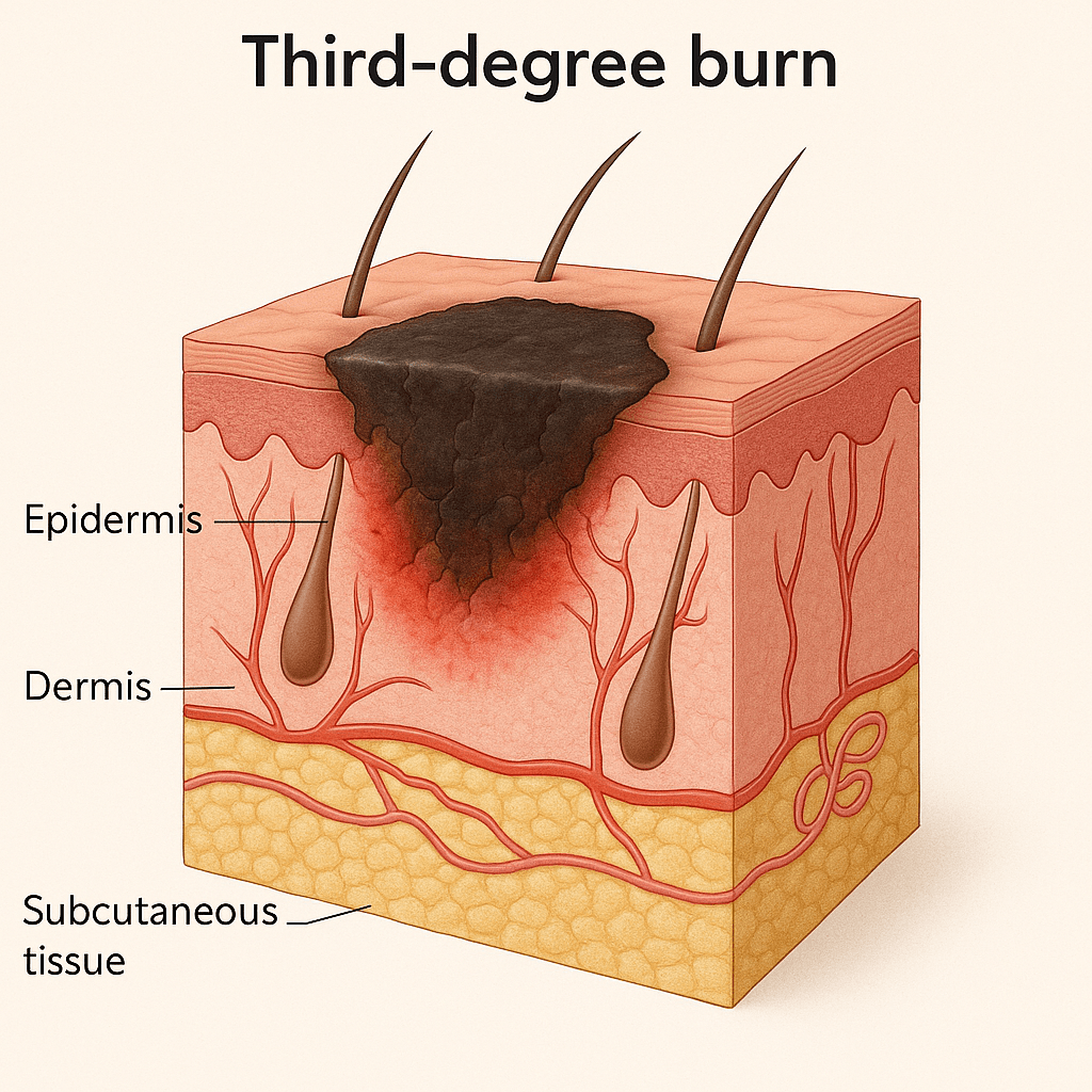نمای لایه‌های پوست و سوختگی درجه سه با تخریب تمام ضخامت پوست